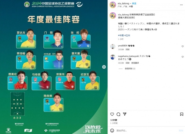 夏達龍獲獎感言：榮幸被選為中乙最佳十一人、最佳球員、最佳射手